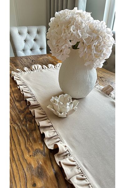 Decamor home Linen Textured Laceless Stain Resistant Vintage Full Ruffle Beige Runner