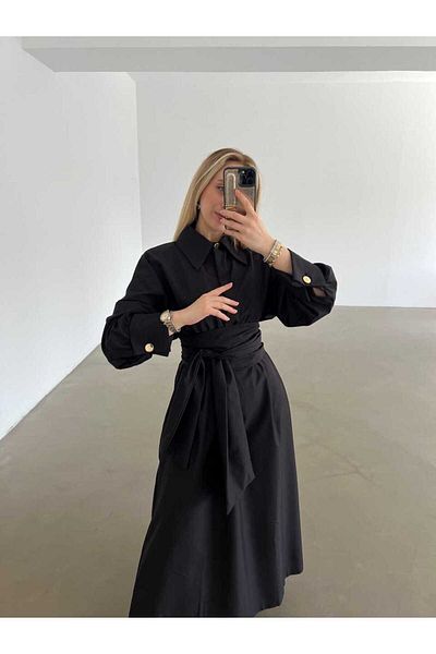 EMNORA فستان مينيلي أسود بأصفاد واسعة