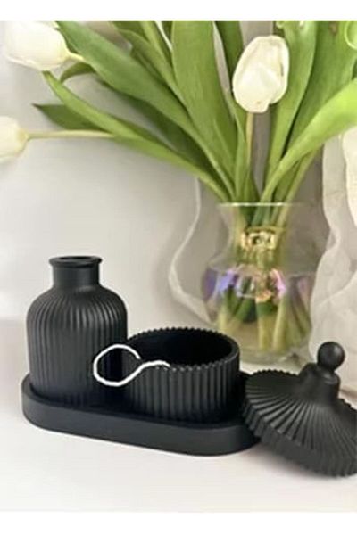 STOREMAX MU-ARTSHOP Μαύρο Κεραμικό Σετ Βάζο και Κηροπήγιο - Μοντέρνα και Μινιμαλιστική Διακόσμηση tnca 871301