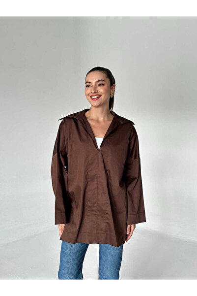 EMNORA V Kesim Polo Yaka Poplin Gömlek Acı Kahve