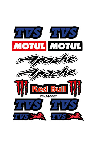 Genel Markalar TVS APACHE MOTOSİKLET STİCKER SETİ A4 EBATI ÇOKLU STİCKER