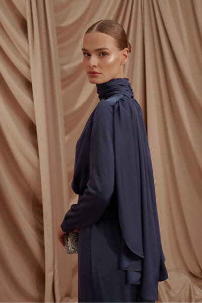 EMNORA Pelerinli Saten Abiye Tulum Lacivert