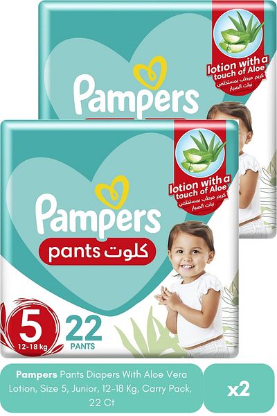 Pampers Pants Diapers With Aloe Vera Lotion, Size 5, Junior, 12-18 Kg, Carry Pack, 22 Ct X2