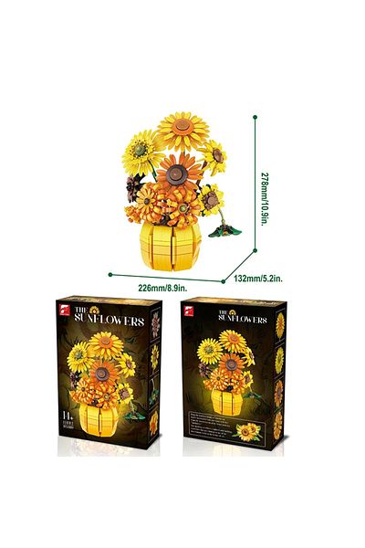 AMAZINGBLOKS مجموعة مكعبات بناء عباد الشمس 1009 قطعة، باقة زهور، مزهرية، فكرة لتزيين المنزل