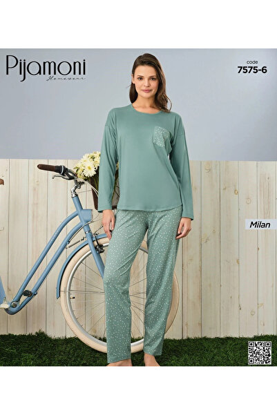 Pijamoni Bambu Milan Kumaş Sıfır Yaka Uzun Kollu Kadın Pijama Takımı
