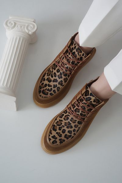 BELİSİA Tan Suede Leather Leopard Print Women's Casual Boots