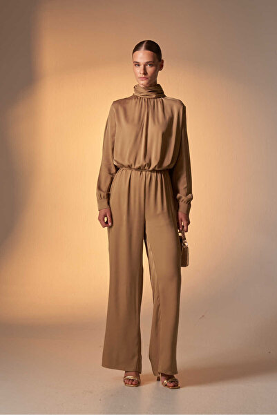 EMNORA Pelerinli Saten Abiye Tulum Yağ Yeşili