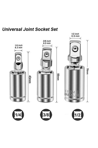 atooltour Universal Joint Swivel Socket Adapter Square U-Joint Drive Converter 1/4 3/8 1/2 Head Chrome Vana...