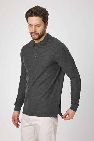 Frappoli Ανδρικό μπλουζάκι Lewin Anthracite 100% βαμβακερό βάφλα που δεν τραβάει, ελαστικό ύφασμα με λεπτή εφαρμογή μακρυμάνικο μπλουζάκι πόλο