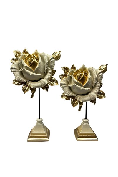 Peramari Dekoratif Polyester İkili Dik Gül Çiçek Krem Gold Eskitme