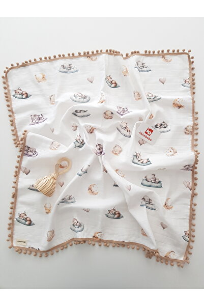 ilkimbebe 85X90 Pompom Muslin Baby Blanket - Single Layer, 100% Cotton Sleeping Animals