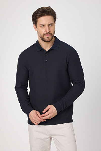 Frappoli Ανδρικό μπλουζάκι Lewin Navy Blue 100% βαμβακερό βάφλα που δεν τραβάει, ελαστικό ύφασμα με λεπτή εφαρμογή μακρυμάνικο μπλουζάκι πόλο