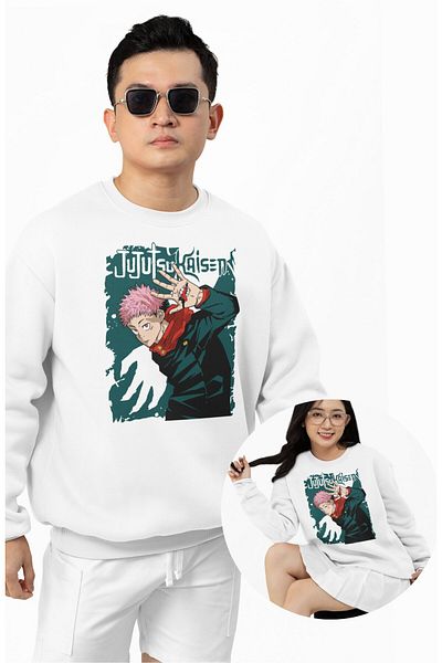 Fuddy Moda Υπερμεγέθη φούτερ Jujutsu Kaisen Written Hoodless, Unisex Itadori Anime Crew Neck Sweat