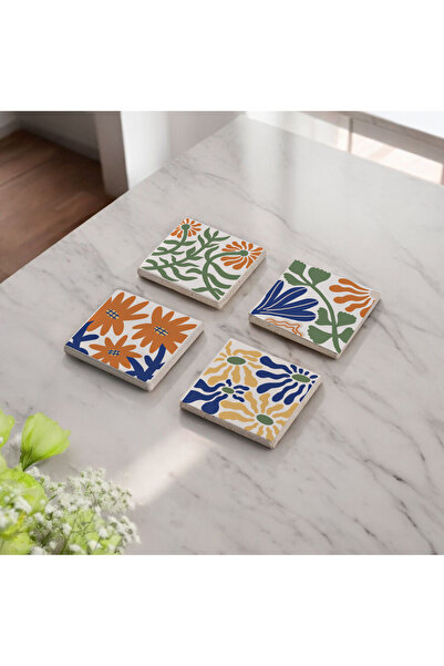 arslart Workshop Flower Themed Natural Stone Coasters (10X10Cm)