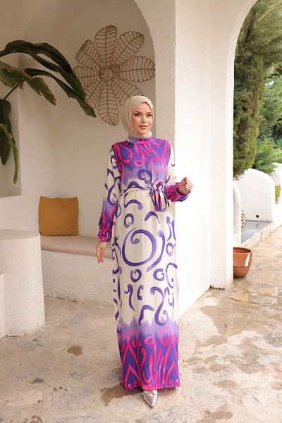 Zaure Women's Hijab Patterned Belted Long Viscose Dress
