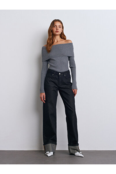 Dilvin 10705 Smoked M. - Bardot Collar Sequined Knitwear Sweater