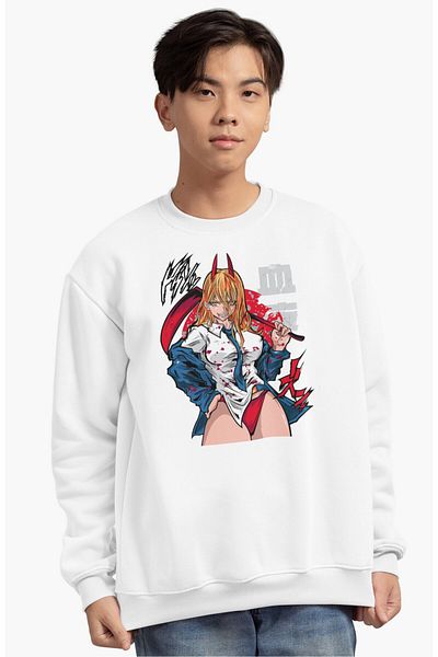 Fuddy Moda Oversize Chainsaw Man Power Printed Hoodless Sweatshirt, Unisex Anime Themed Crew Neck Sweatshirt