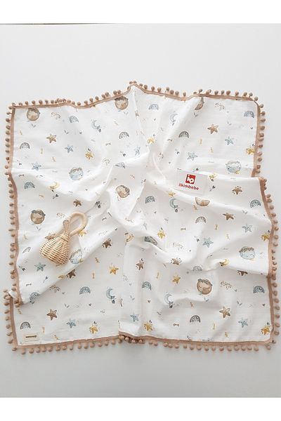 ilkimbebe Dolunay 85X90 - Pompom Single Layer Muslin Baby Blanket, 100% Cotton