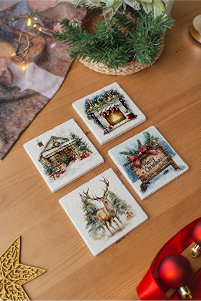 arslart طقم قواعد أكواب من الحجر الطبيعي بطابع غزال عيد الميلاد وسانتا كلوز م...