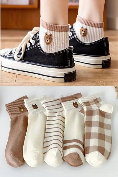 Ay-Ra Collection Комплект дамски цветни чорапи до глезена с шарка на мече - 5 чифта стилни и удобни чорапи до глезена