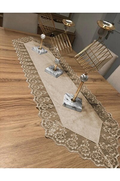 LİNEN Kadife dantel detaylı runner masa örtüsü