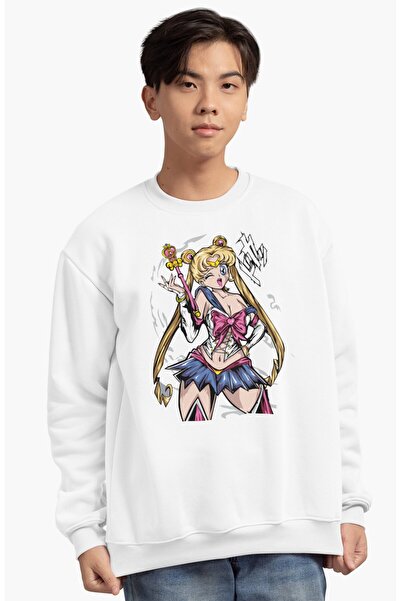 Fuddy Moda Оверсайз-свитшот без капюшона з принтом Sailor Moon, унісекс, з велосипедним коміром, в стилі аніме