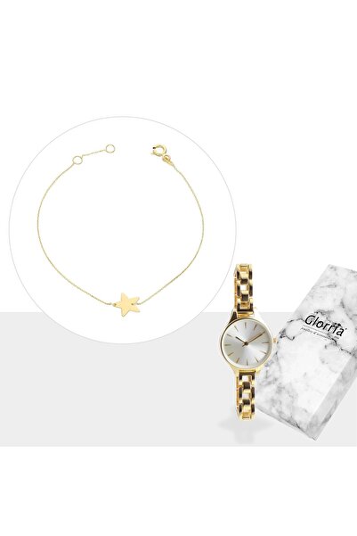 Glorria Altın Yıldız Bileklik, Saatli Hediye Seti - Sv0143-hs