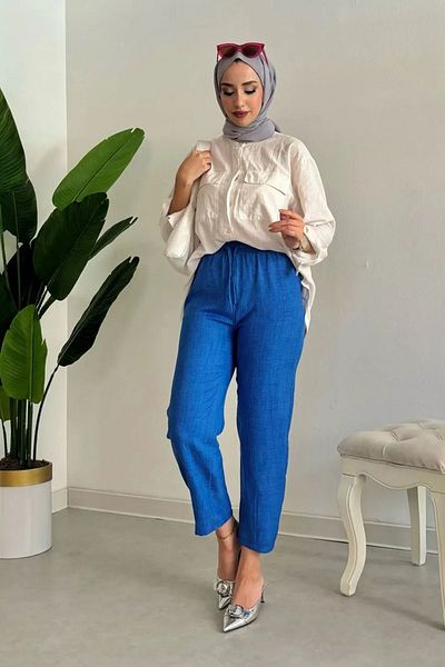 Tesettür Diyarı Sofia Linen Women's Trousers - Melage Fabric, Blue