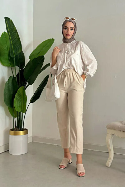 Tesettür Diyarı Γυναικείο Παντελόνι Sofia Linen - Ύφασμα Melange, Χρώμα Κρέμα