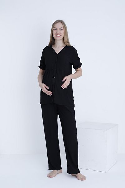 Miss Dünya Lissa Front Button V Neck Wrapped Fabric Adjustable Waist Maternity and Maternity Pajamas Set