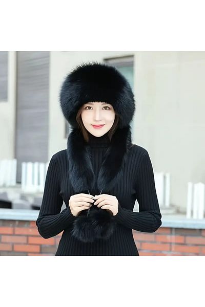 SYNOPE Warm Trend Neck-Tied Scarf Plush Faux Fur Women's Russian Fur Heart Hat Beanie