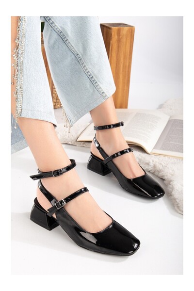 Modern Ayak حذاء نسائي ماري جين أسود من الجلد اللامع مفتوح من الخلف بمقدمة مر...