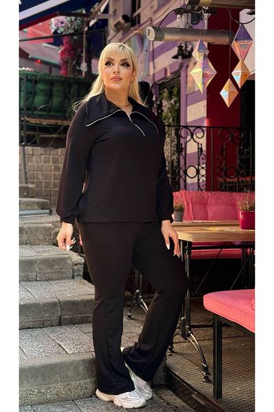 LİKRA Plus Size Stretchy Crystal Double Yarn Set - Zipper Collar and Striped Pants