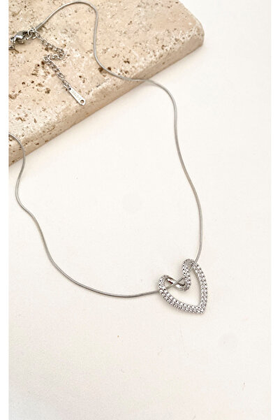 Sacha Accessories Heart Figured Jewelled Silver Steel Necklace