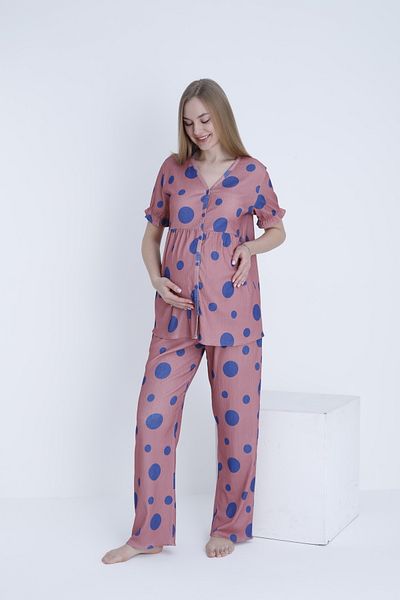 Miss Dünya Lissa Front Button V Neck Wrapped Fabric Adjustable Waist Maternity and Maternity Pajamas Set