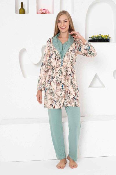ALİMER Green Lace Detailed Dressing Gown and Pajamas Set - 3 Pieces Lycra 2741