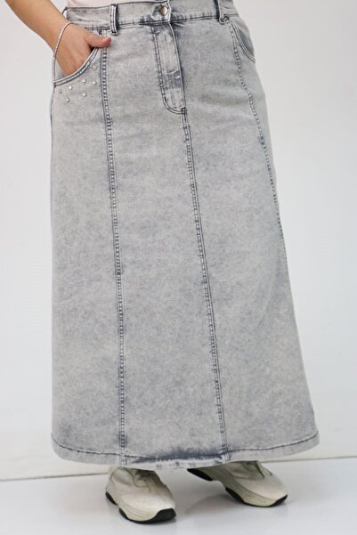 Eslina 45007-1 Large Size Piece Stone Detailed Denim Skirt - Gray