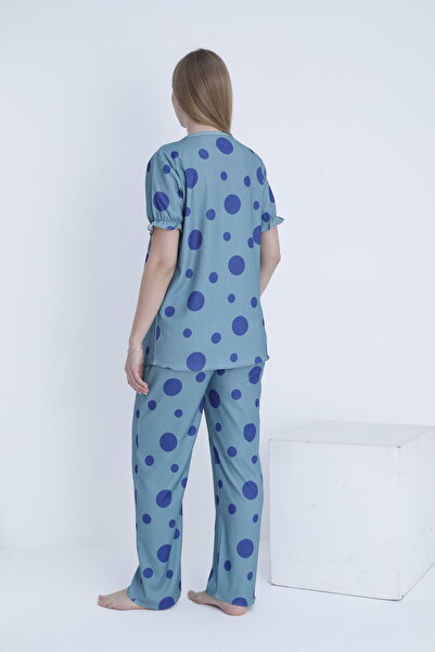 Miss Dünya Lissa Önden Düğmeli V Yaka Bürümcük Kumaş Ayarlanabilir Bel Hamile ve Lohusa Pijama Takımı