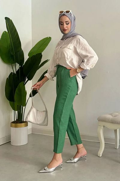 Tesettür Diyarı Green Sofia Linen Women's Trousers - Melage Fabric