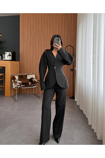 My Blog Czarny zestaw spodni z marynarką i wiązaniem Lorah - 2025129