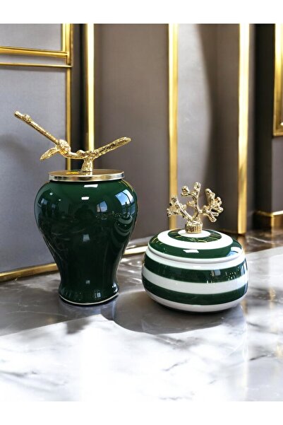 ferayhome Dekoratif Obje Gold Dallı Yeşil Şah Küp Mercan Zamaklı Klasik Zebra...