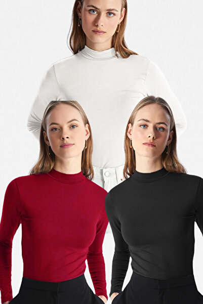 VODENS Femei Negru Alb Claret Roșu 3 piese Guler Stand Mânecă Lungă Corp Ultr...