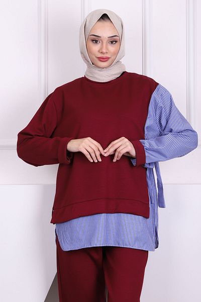 İmajButik Burgundy Side Tie Modal Tunic Pants Set