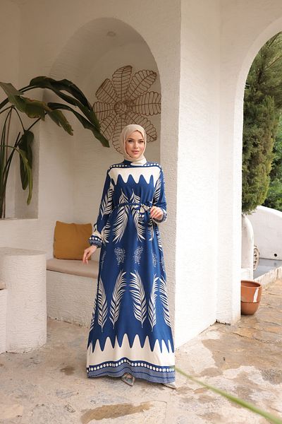 Zaure Women's Hijab Leaf Patterned Belted Viscose Dress