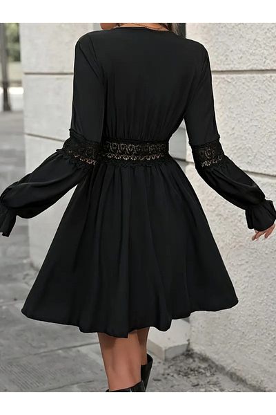 MÇ Plus Women's Long Sleeve Double Breasted Collar Lace Zipper Detailed Short Imported Crepe Dress