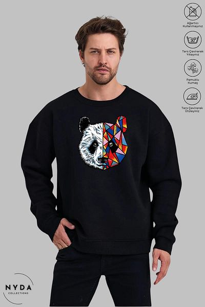 Nyda Collections Unisex μακρυμάνικο πολύχρωμο φούτερ Panda με στάμπα με λαιμόκοψη χωρίς κουκούλα