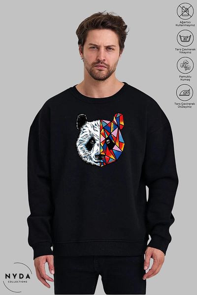 Nyda Collections Unisex μακρυμάνικο πολύχρωμο φούτερ Panda με στάμπα με λαιμόκοψη χωρίς κουκούλα