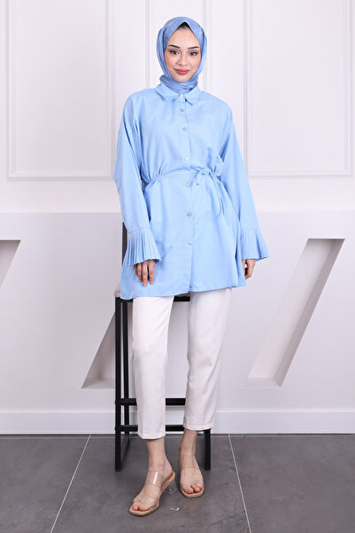 İmajButik Tunica din tericoton plisata cu maneca albastra