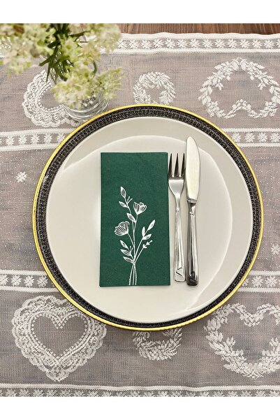 kidspartim Gümüş Yaldızlı Yeşil Gelincik Çiçeği Baskılı Garson Katlama Peçete...
