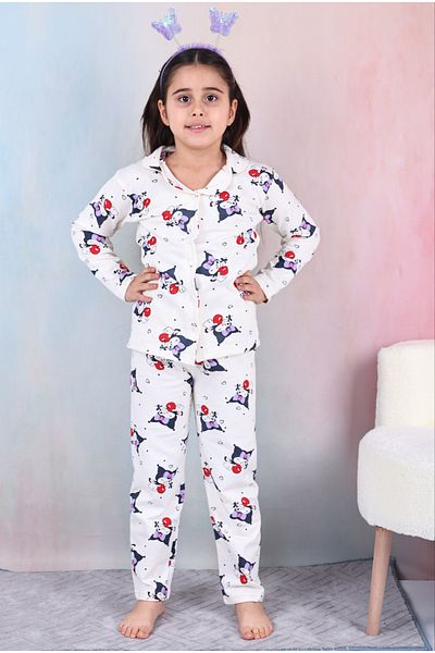 Free Beka Girl's Front Button Kuromi Patterned Pajama Set 100% Cotton Pajama Set
